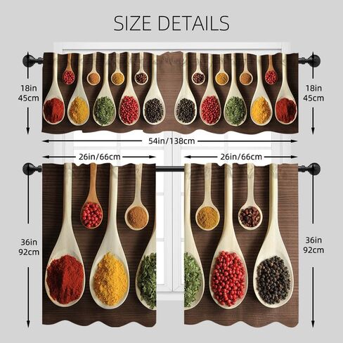 54" x 18" 26" x 36" Spicy Kitchen Gourmet Spoon Seasoning Window Treatment Tiers Colorful Curtain Set Spice Cooking Art Kitchen Curtains Tiers and Valances Set 3 Piece for Windows in Saudi Arabia