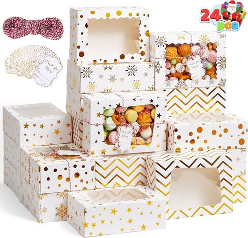 JOYIN 24 Pcs Christmas Cookie Boxes, Gold Foil Treat Boxes with Windows 9" x 6.2" x 3" Bakery Gift Wrapping Box for Xmas Holiday Party Favor Pastries, Cupcakes, Cookies, Brownies, Donuts Gift-Giving in Saudi Arabia