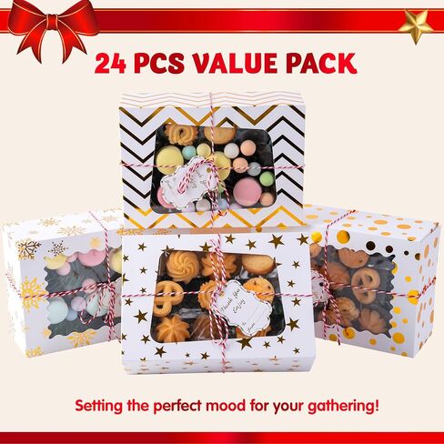 JOYIN 24 Pcs Christmas Cookie Boxes, Gold Foil Treat Boxes with Windows 9" x 6.2" x 3" Bakery Gift Wrapping Box for Xmas Holiday Party Favor Pastries, Cupcakes, Cookies, Brownies, Donuts Gift-Giving in Saudi Arabia