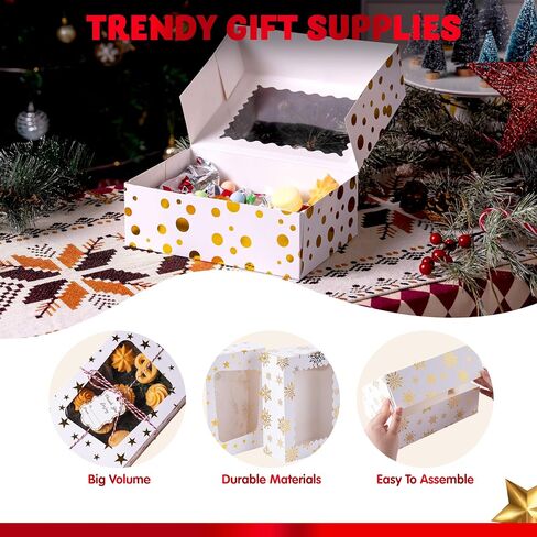 JOYIN 24 Pcs Christmas Cookie Boxes, Gold Foil Treat Boxes with Windows 9" x 6.2" x 3" Bakery Gift Wrapping Box for Xmas Holiday Party Favor Pastries, Cupcakes, Cookies, Brownies, Donuts Gift-Giving in Saudi Arabia