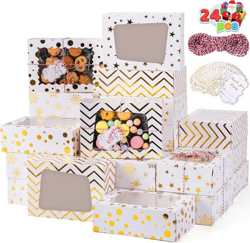 JOYIN 24 Pcs Christmas Cookie Boxes, Gold Foil Treat Boxes with Windows 9" x 6.2" x 3" Bakery Gift Wrapping Box for Xmas Holiday Party Favor Pastries, Cupcakes, Cookies, Brownies, Donuts Gift-Giving in Saudi Arabia