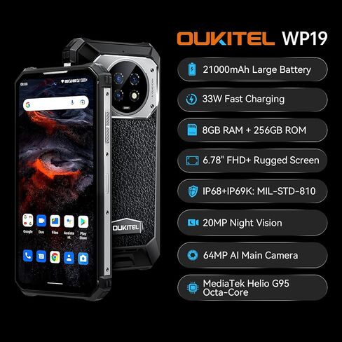 هاتف ذكي متين OUKITEL WP19 غير مقفل، بطارية 21000 مللي أمبير في الساعة، 8 جيجابايت 256 جيجابايت، أندرويد 12، كاميرا 64 ميجابكسل، رؤية ليلية 20 ميجابكسل، 6.78 بوصة FHD + هاتف متين، هاتف محمول مقاوم للماء غير مقفل 4G ثنائي الشريحة OTG NFC in Kuwait