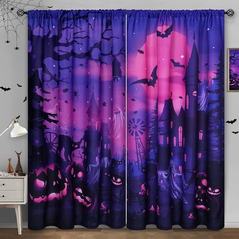 FRAMICS Halloween Curtains for Living Room, Pumpkin Bat Castle Window Curtains 84 Inches Long, Room Darkening Rod Pocket Window Treatments for Halloween Party Bedroom Decor in Saudi Arabia