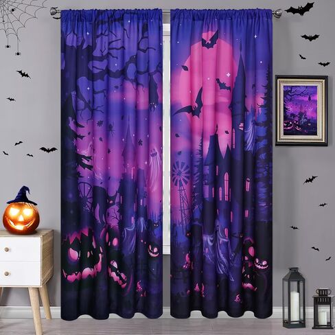 FRAMICS Halloween Curtains for Living Room, Pumpkin Bat Castle Window Curtains 84 Inches Long, Room Darkening Rod Pocket Window Treatments for Halloween Party Bedroom Decor in Saudi Arabia