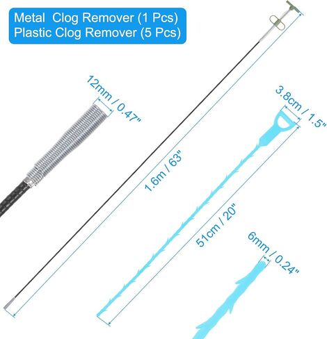 uxcell 5pcs 20 Inch Drain Hair Clog Remover Tool PP & 24 Inch Drain Cleaner Tool Sticks Stainless Steel Sewer Cleaning Hook Unclog Sink Unclogger for Toilet Bathtub Sewer, Black in Saudi Arabia