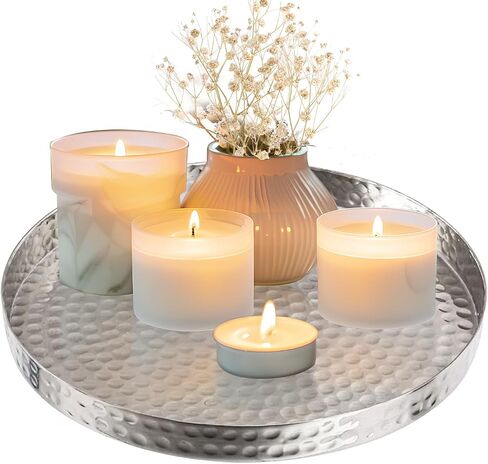 Hammered Copper Serving Tray, Circle Round Candle Plate Decorative Tray, Aluminum Vanity Tray for Jewelry, Make up and Perfume, Food Display Coffee Table Tray- Handcrafted in India(11 inch) in Kuwait