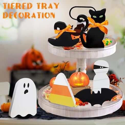 Halloween Decorations Indoor for Black Cat: 6 PCS Wooden Tiered Tray Decor on Table - Home Centerpiece Display on Mantel in Saudi Arabia