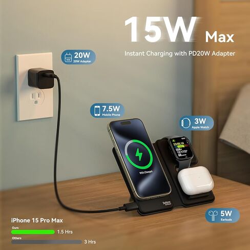 شاحن لاسلكي مغناطيسي لهاتف iPhone - محطة شحن 3 في 1 لأجهزة Apple، قاعدة شحن مغناطيسية للسفر لهاتف iPhone 15/14/13/12 Pro Max وApple Watch وAirPods 3/2/Pro in Kuwait