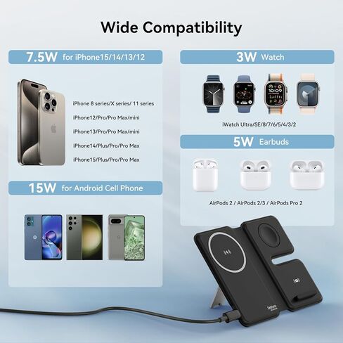 شاحن لاسلكي مغناطيسي لهاتف iPhone - محطة شحن 3 في 1 لأجهزة Apple، قاعدة شحن مغناطيسية للسفر لهاتف iPhone 15/14/13/12 Pro Max وApple Watch وAirPods 3/2/Pro in Kuwait