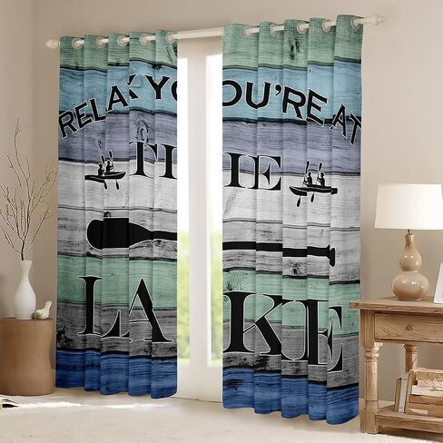 Rustic Farmhouse Window Curtain Lake House Curtains for Kids Teens Men Women Home Decor Retro Blue Green Wooden Board Window Treatment Curtain Fishing Lover Window Drapes,Top 2 Panel,38Wx45L in Kuwait