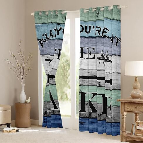 Rustic Farmhouse Window Curtain Lake House Curtains for Kids Teens Men Women Home Decor Retro Blue Green Wooden Board Window Treatment Curtain Fishing Lover Window Drapes,Top 2 Panel,38Wx45L in Kuwait