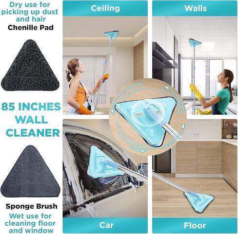ممسحة تنظيف الحائط بمقبض طويل 85 بوصة، منفضة أدوات تنظيف اللوح مع 6 وسادات بديلة من الألياف الدقيقة من شانيل و2 فرشاة حوض البلاط لتنظيف الجدران المطلية والنوافذ والأرضيات والسقف in Kuwait