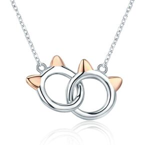 Infinity Love Heart Cat Necklace for Women Girls 925 Sterling Silver Two-Tone Hollow out Mother and Daughter Kitten Ear Pendant Choker Necklace Double Interlocking Circles Jewelry Cute Delicate