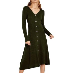 R.Vivimos Women's Winter Cotton Long Sleeves V-Neck Casual Button Down Knit Sweater Midi Dress