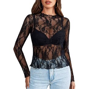 Avidlove Women's Mesh Top Long Sleeve Mock Neck Sheer Blouse See Through Floral Lace Tops