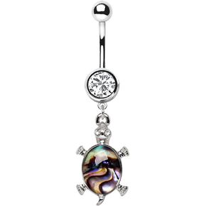 Pierced Owl Teal Abalone Inlay Turtle Dangle Navel Belly Button Ring in 316L Stainless Steel