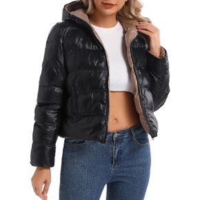 Women's Black Cropped Hooded Two Side Wear Puffer Jacket with Hood and Pockets in Kuwait