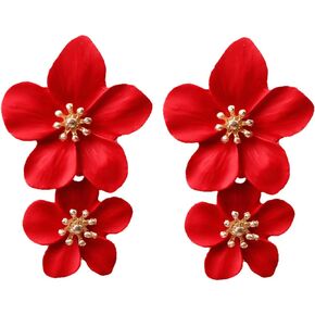 Vintage Layered Flower Petal Drop Dangle Statement Earring Bohemian RetroTiered Triple Floral Plant Earring for Women Girl Teen 14K Gold Plated Colorful Party Wedding Jewelry