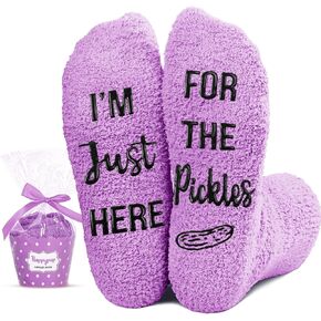 HAPPYPOP Purple Fuzzy Socks For Women Teen Girl, Funny Pickle Gifts Pickle Socks, I'M Just Here For The Pickles