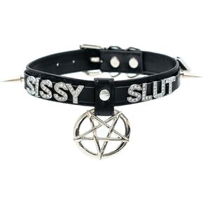 Black Pentagram Choker Collar For Women, Punk Gothic Vagen Leather Collar With Name Letters Adjustable Spiked Necklace