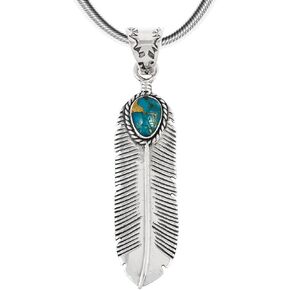 Turquoise Feather Pendant Necklace in Sterling Silver 925 & Genuine Turquoise (20" Length)