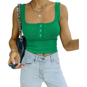 Diosun Womens Tank Tops Summer Casual Ribbed Knit Tight Sleeveless Scoop Neck Basic Button Top Fitting Sport Yoga Cami Shirts
