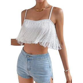 Womens Fringe Tank Tops - Festival Solid Tassel Hem Crop Cami Sleeveless Country Concert Outfits Boho Rave Shirts