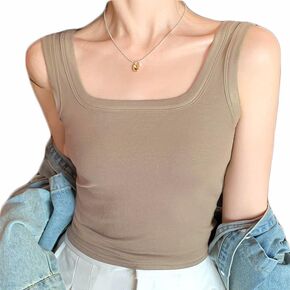 Women Basic Square Neck Crop Tank Top Solid Rib-Knit Binding Crop Sleeveless Top