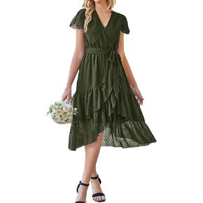 SDEER Women's Polka Dots Flutter Sleeve Chiffon Dress Summer Wrap V Neck Tie Side Ruffle Midi Dresses Wedding Guest Cocktail