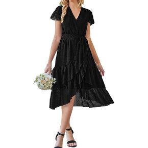 SDEER Women's Polka Dots Flutter Sleeve Chiffon Dress Summer Wrap V Neck Tie Side Ruffle Midi Dresses Wedding Guest Cocktail