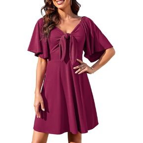 Actcat Women's Dress Deep V-Neck Elegant Bow tie Short Sleeve Mini Swing Loose Dresses in Kuwait