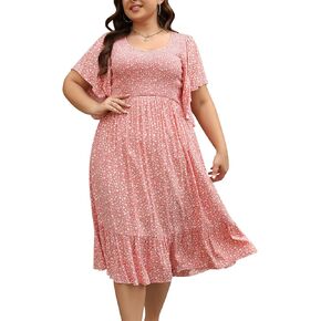 Keluummi Plus Size Party Dresses for Curvy Women, Casual Summer Boho Floral Midi Wedding Guest Dress with Empire Waist