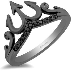 Jewelili Enchanted Disney Fine Jewelry Black Rhodium over Sterling Silver 1/10 Cttw Treated Black Round Diamond Ursula Trident Ring