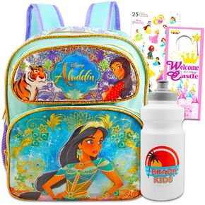 Disney Princess Jasmine Mini Backpack Set - Bundle with 12" Jasmine Backpack Plus Water Bottle, Stickers, More | Aladdin Backpack Toddler Girls