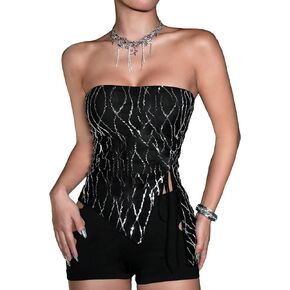 WDIRARA Women's Sequin Strapless Drawstring Split Tie Side Crop Tube Top Party Club Top
