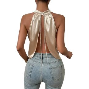 OYOANGLE Women's Pearls Beaded Backless Halter Tank Top Sleeveless Asymmetrical Hem Party Cami Tops