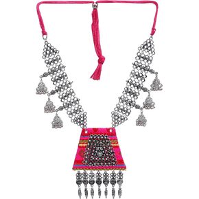 الهندي الأفغاني اليدوية النسيج الفضة المؤكسد شرابة بوهو مطرز المطرزة البوهيمي موضوع المختنق قلادة مجوهرات الوردي in Kuwait