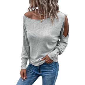 OYOANGLE Women's Long Sleeve Asymmetrical Neck Cut Out Button Decor Work Casual Tee Shirt Tops