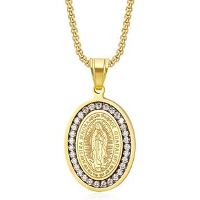 HETIMXIA Virgin Mary Iced Out Chain for men Santa Maria Round Pendant Necklace for Boy Mummy Egyptian Akhnaton Biker Stainless Steel Iced Out Jewelry boys jewelry Cuban Link chain for men gifts for boys