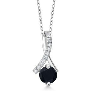 Gem Stone King 925 Sterling Silver Round Black Onyx and White Moissanite Ribbon Pendant Necklace For Women (0.95 Cttw, Gemstone Birthstone, with 18 Inch Silver Chain)