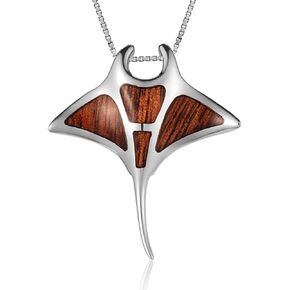 قلادة قلادة من الفضة الاسترليني الاستوائية من خشب كوا وخشب مانتا راي بالولايات المتحدة الأمريكية مع سلسلة صندوقية مقاس 18 بوصة in Kuwait