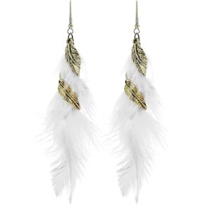 Bohemian Handmade Natural Long Feather Dangle Earrings Vintage Boho Multicolor Tassel Feathers Dangle Drop Earrings for Women Girls Jewelry