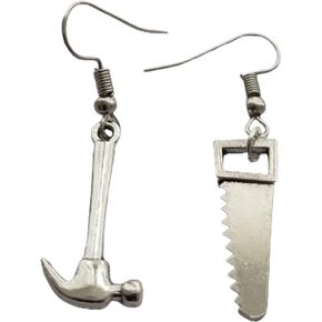 Tiny Hammer and Saw Charm Earrings - Miniature Tool Jewelry - Unmatch Unusual Earrings