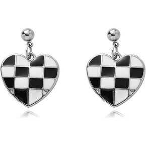MALOYANVE Checkered Flag Earrings for Women Girls Unique Cute Black White Striped Checkerboard Heart Geometric Dangle Drop Plaid Earrings Statement Minimalist Jewelry Gifts