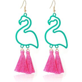 Tassel Pink Flamingo Dangle Earrings Retro Exaggerated Hollow Cute Animal Bird Drop Earrings Boho Flamingo Shape Jewelry for Women Girls