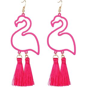 Tassel Pink Flamingo Dangle Earrings Retro Exaggerated Hollow Cute Animal Bird Drop Earrings Boho Flamingo Shape Jewelry for Women Girls