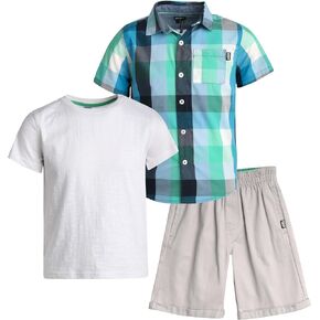 DKNY Boys' Short Set - 3 Piece Short Sleeve Button Down, T-Shirt, and Shorts - Summer Clothing Set for Toddler Boys (2T-7)