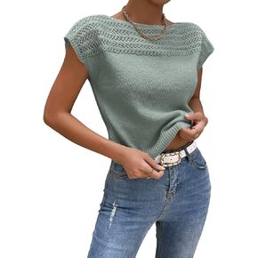 SweatyRocks Women's Boat Neck Cap Sleeve Shirt Casual Hollow Out Ribbed Knit Top