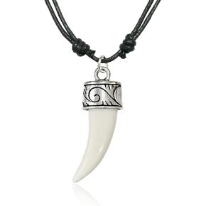 Wolf Fang with Curly Crown Pendant Adjustable Cord Necklace