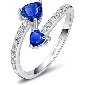 FOREVER QUEEN Birthstone Rings 925 Sterling Silver Rings Adjustable Open Double Love Heart Stones Rings for Women Girls Birthday Gift